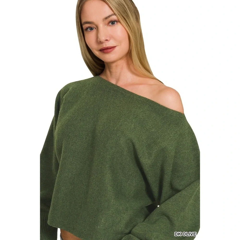 Zenana Boat Neck Balloon Sleeve Sweater - Dk Olive - Small - Picture 9 of 9